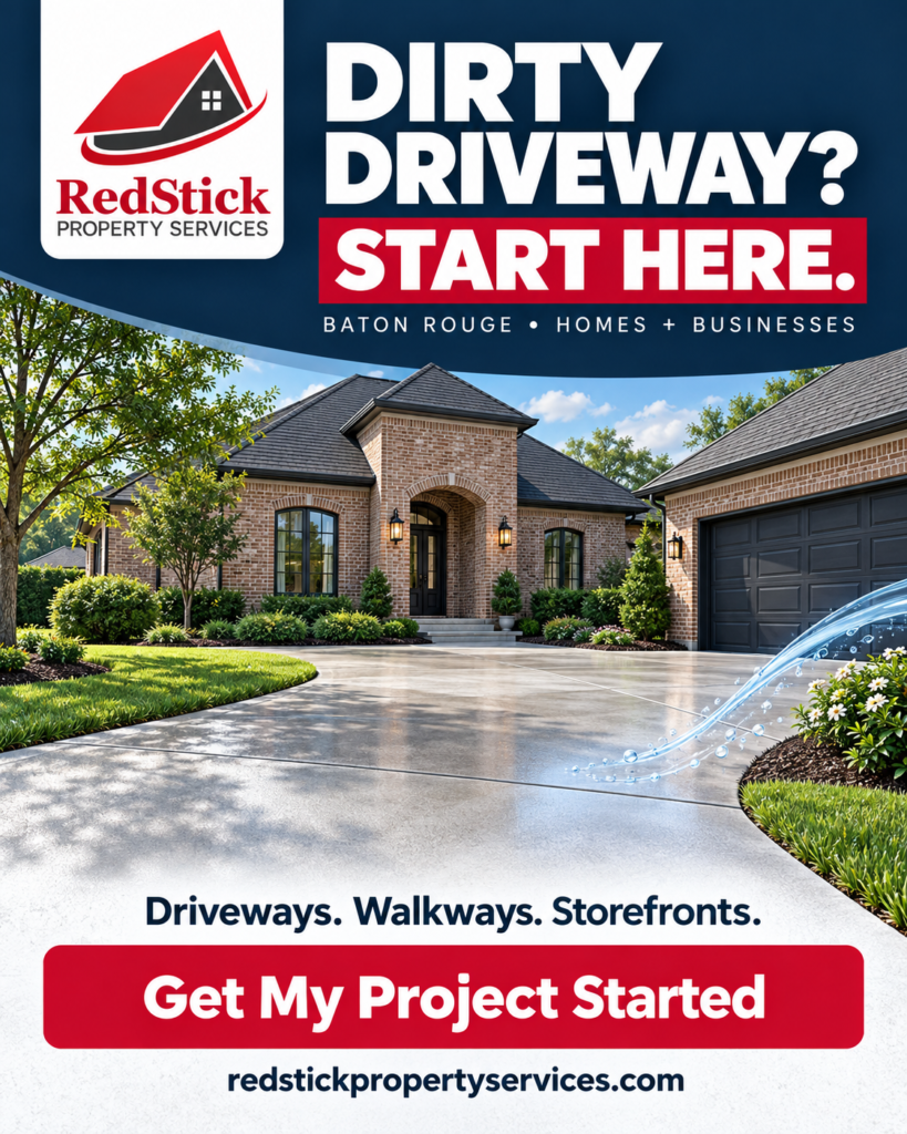 Red Stick Property Services pressure washing graphic: Dirty driveway? Start here.